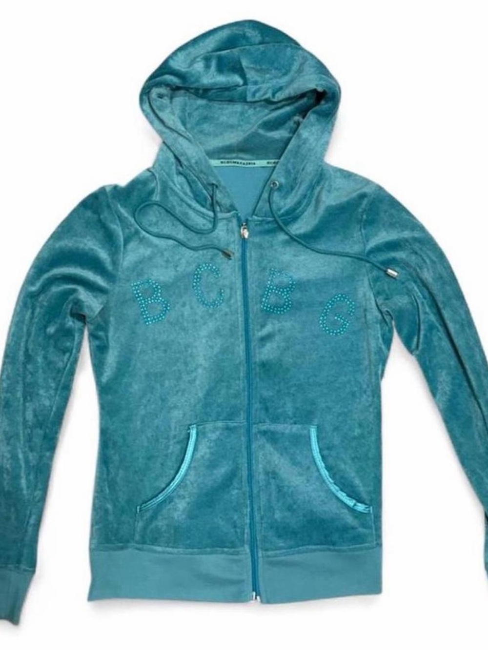 BCBGMaxAzria Teal Velour Zip Hoodie with Rhinestone Logo